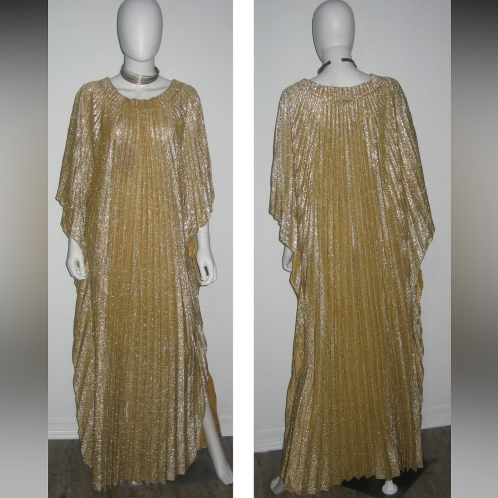 SOLD VTG Georgie Keyloun Gold Lurex Shimmer Accordion Pleated Maxi Caftan Dress